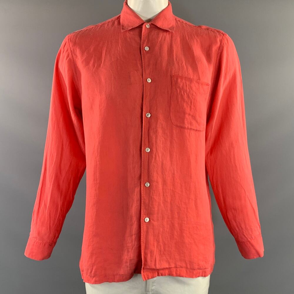RALPH LAUREN PURPLE LABEL Size L Orange Coral Linen Button Up Long Sleeve Shirt